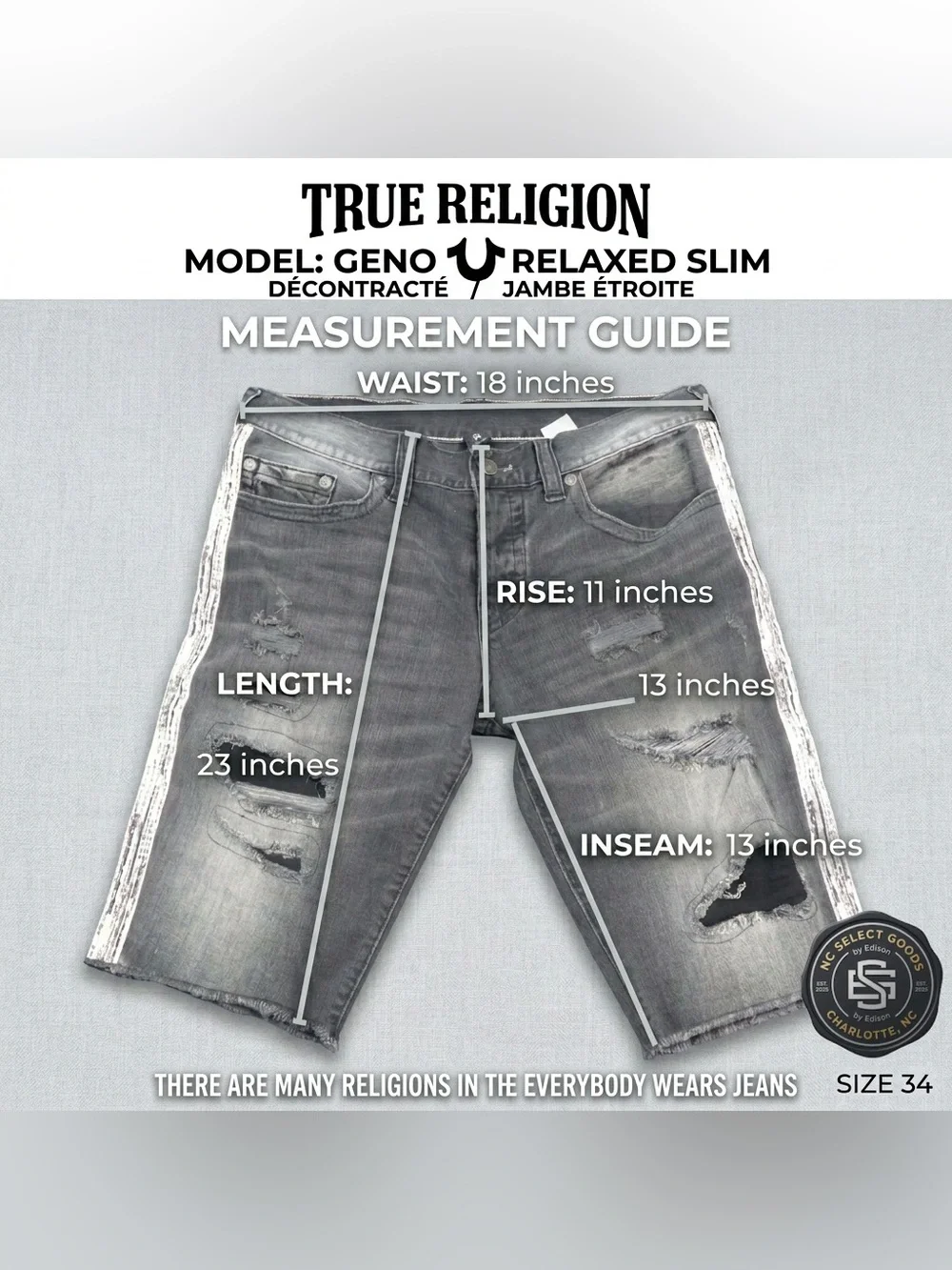 True Religion Geno Men's Distressed Denim Shorts Size 34 Gray Relaxed Slim